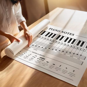 Op de afbeelding: Een opgerolde witte poster met zwarte tekst en muzieknotatie, waaronder een pianoklavierdiagram en de woorden "PIANO NOTES". De poster wordt uitgerold. De poster ligt op een houten oppervlak.