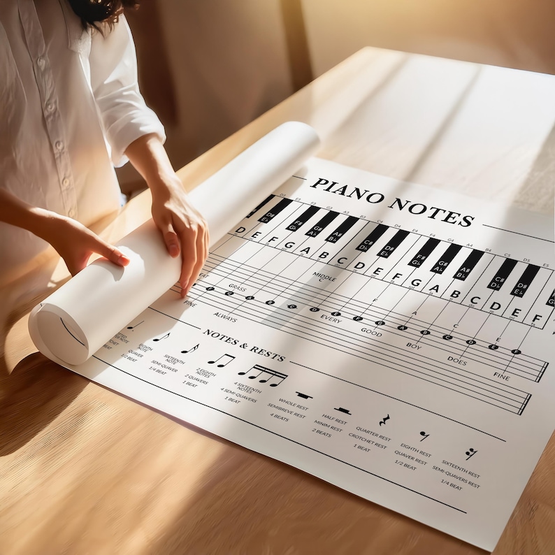 Op de afbeelding: Een opgerolde witte poster met zwarte tekst en muzieknotatie, waaronder een pianoklavierdiagram en de woorden "PIANO NOTES". De poster wordt uitgerold. De poster ligt op een houten oppervlak.