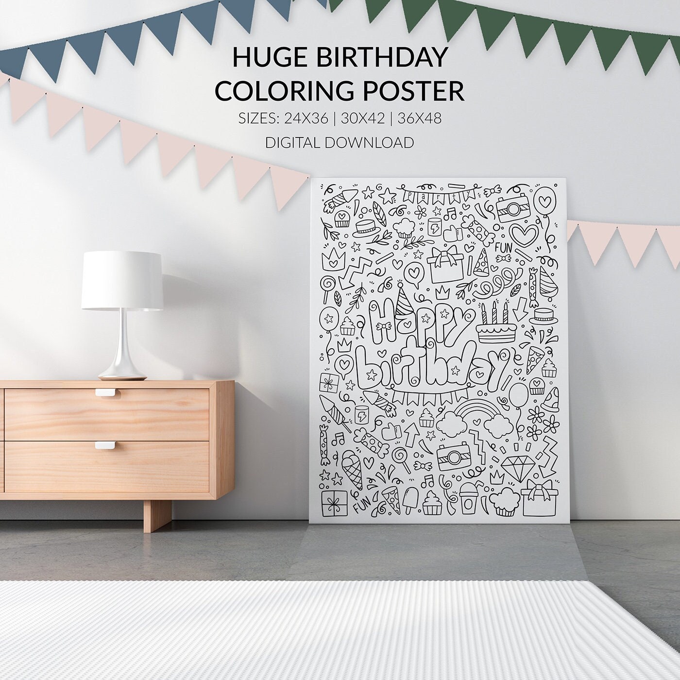Riesiges Geburtstags Mal Poster, alles Gute zum Geburtstag Malvorlage, Kinder Geburtstag Party Aktivität, Größen 24x36, 30x42, 36x48, digitaler Download