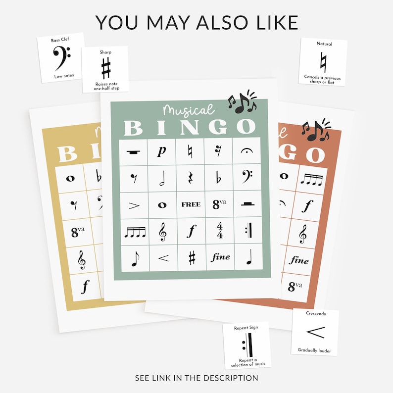 Op de afbeelding: Drie afdrukbare muziekbingo-kaarten met een groene, gele en oranje achtergrond. De kaarten bevatten muzieksymbolen en termen zoals "8va", "fine", "crescendo" en "herhalingsteken".