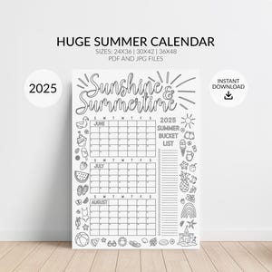 Calendario de pared grande para colorear de verano 2025, póster grande para planificar el verano, lista de tareas pendientes, tamaños 24x36, 30x42, 36x48, descarga digital