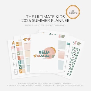 Ultimate Kids Summer Planner 2026, Summer Activities, Calendars, Chore Charts, Reward Money, Goals and More, US Letter, PDF Digital Download