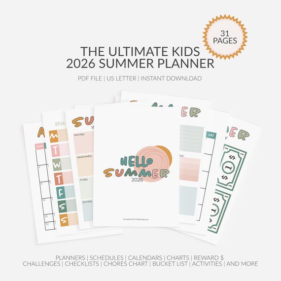 Kids Summer Planner 2026: Activities, Chore Charts, Goals (PDF Digital Download)