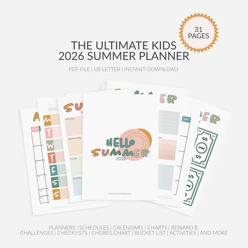 Colorful summer planner for kids with schedules, calendars, charts, reward money, challenges, checklists, chore charts, bucket lists, activities, and more.