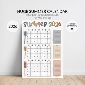 2026 Summer Calendar Poster Printable: Large 3-Month Wall Planner with Bucket List Checkoff for Kids & Families (Digital Download, 4 Sizes)