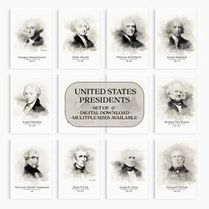 U.S. Presidents Poster Set of 47, Printable Presidential Portraits, Presidents of the United States, US History Classroom, Digital Download