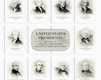 Printable US Presidents Poster Bundle: Set of 47 Presidents of the United States, Presidential Portraits, History Classroom Decor (Download)