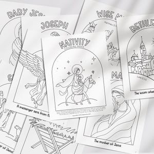 May include: A collection of black and white Nativity coloring pages. The pages feature illustrations of biblical scenes, including the journey to Bethlehem, the wise men, and the mother of Jesus. Text includes "Nativity Coloring Pages".
