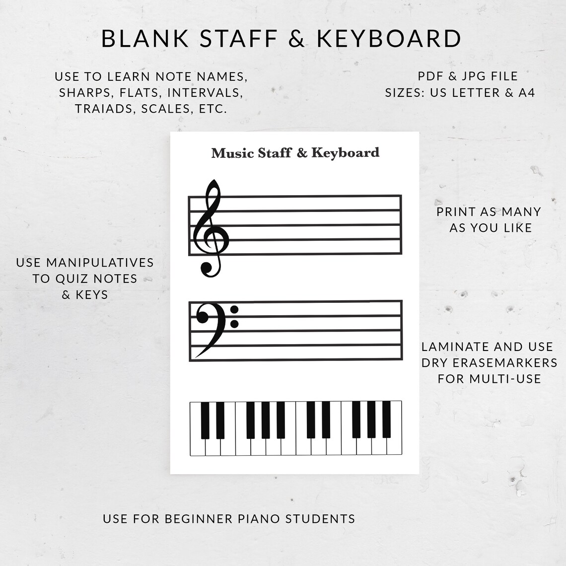 Printable Piano Keyboard & Music Staff Practice Sheet: Blank Treble ...