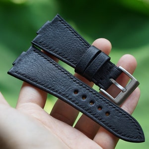 Tissot PRX Watch Strap - Vintage  Black Leather Watch Strap - Notched Watch Bands