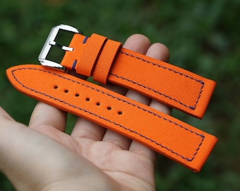 Orange Sailcloth Watch Strap. Canvas Watch Strap 15mm 16mm 17mm 18mm 19mm 20mm 21mm 22mm 23mm 24mm 26mm