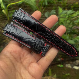 Black Ostrich Leg Leather For Oris Aquis, Tissot PRX watch, Citizen Tsuyosa, Custom Notched Watch Strap