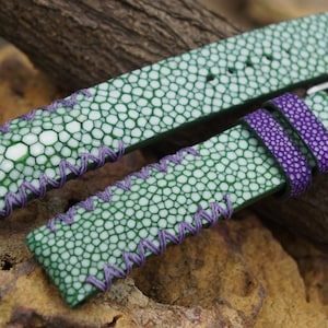 Custom Green Stingray Leather Strap One Pearl In Center.  Stingray Leather Watch Bands 26mm 24mm 23mm 22mm 21mm 20mm 19mm 18mm 17mm 16mm