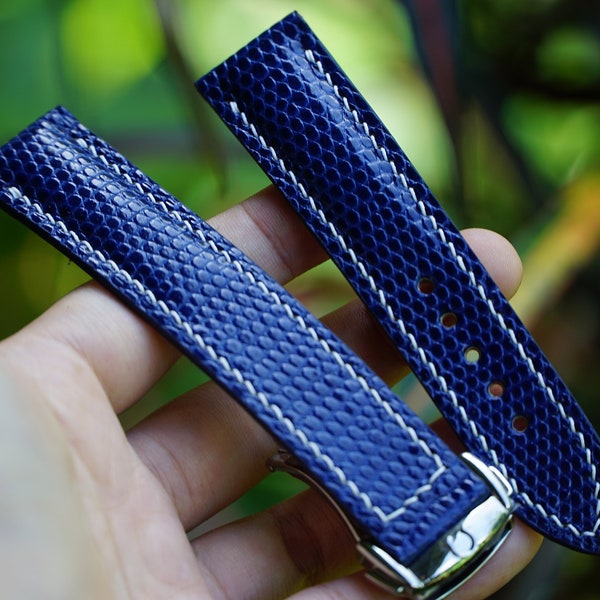 Custom Blue Lizard Leather Watch Strap For Omega Watch