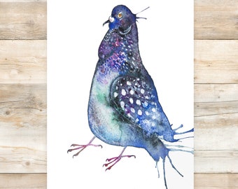 Funny pigeon original watercolor art, Fat bird painting, Cute animal small wall decor, Original birthday greeting card, Love dove artwork