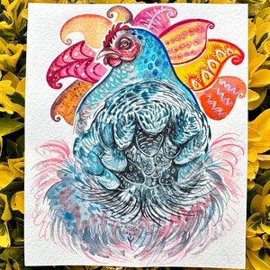 Pintura em aquarela pequena de frango flor, arte de parede original de pássaro de fazenda, arte de planta boho laranja, decoração colorida de casa de animais domésticos fofos