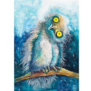 Original-Gemälde der neugierigen Eule, kleine Aquarellkunst, lustige Vogelpostkarte, handgemalte Geburtstagskarte des Grußes