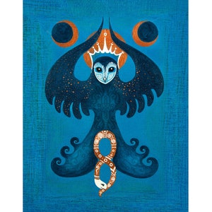 Wydruk Tarota Kapłanka, Pełnia księżyca Ouroboros, Karta Wielkich Arkanów, Malarstwo płomykówki, Dzieło sztuki szamana, Magiczna sztuka przewodnika duchowego, Niebieski plakat