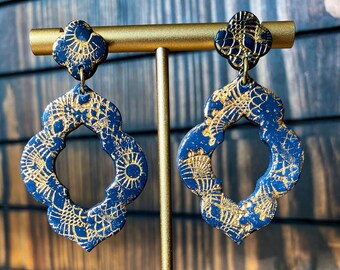 Gold Stamped Boho Polymer Clay Dangle Earrings