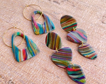 Rainbow Stone - Polymer Clay Dangle Earring - Organic shapes- gift for mom, sister, wife, teacher