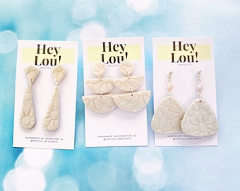 White Pearl Daisies - Textured Polymer Clay Dangle Earrings