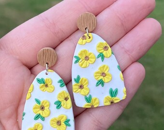 Yellow Jasmine - Handmade Flower - Faux Wood Stud - Cottagecore - Polymer Clay Dangle Earrings
