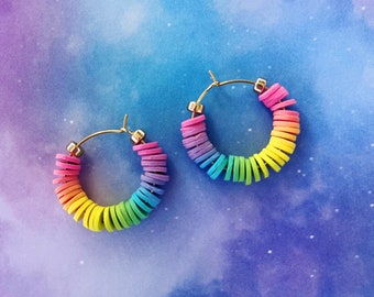 Rainbow Pastel Beaded Hoops, Handmade Heishi Beads, Polymer Clay Hoop Earrings