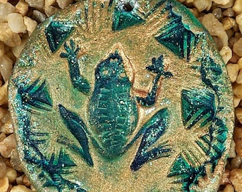 KEEPSAKE FROG ORNAMENT  kiln fired stoneware clay,  2-1/2" X 2-3/4",  ooak, decoration, special gift, sparkles,  by Sandi Obertin   o#8