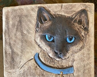 WHISKERED CAT PLAQUE* kiln fired, cream and black color & dimensional texture, hand built, ooak wall art plaque/tile, built in hanger #C1