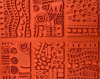 Solder Stamping  ABSTRACT IMAGES * deep etched, vulcanized red rubber,  clay, jewelry, atc/aceo size *Sandi Obertin 6A