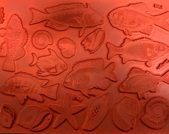 FISH & SEA SHELLS* deep etched, vulcanized red rubber, clay, jewelry, fabric, collage *Sandi Obertin #F1