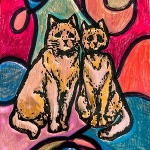 ACEO COLLECTIBLE NEUROGRAPHIC * Two Cats, Mixed Media Metallarbeiten, Farbstifte, Marker, Taschenkunst by Sandi Obertin #PA2