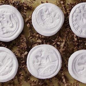 Może przedstawiać: Sześć białych, okrągłych ozdób ceramicznych z wypukłymi wzorami zwierząt. Ozdoby znajdują się na brązowym papierowym tle.