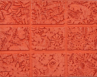 Estampado de soldadura IMÁGENES ABSTRACTAS Y FIGURATIVAS * caucho rojo vulcanizado grabado profundo, arcilla, joyería, tamaño atc/aceo *Sandi Obertin A1