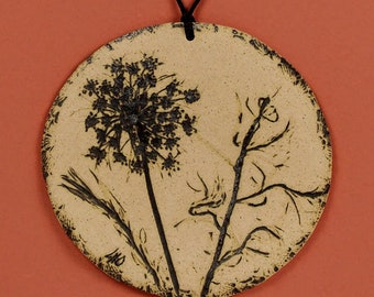 STONEWARE CLAY PLAQUE nature theme, kiln fired, cream and black color & texture, hand built wall art by Lynn Obertin (Mr. O) #1