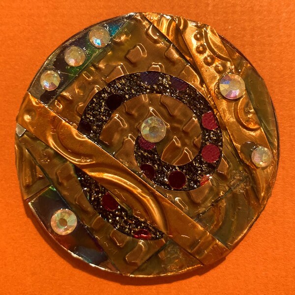 METAL BLING BROACH  embossed copper with colorful aluminum & crystal accents,  one-of-a-kind 2" round organic design by Sandi Obertin #mbb1