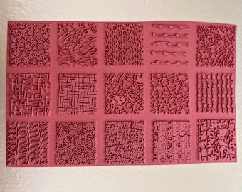VULCANIZED TEXTURE STAMPS * 15 red rubber deep etched designs *soldering stamping, clay, paper, fabric, journals, gel * Sandi Obertin  AT1