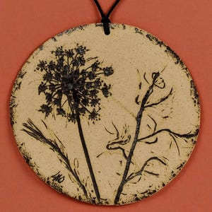 Unique Gift * STONEWARE CLAY PLAQUE nature theme, kiln fired, cream & black color, hand built texture, wall art by Lynn Obertin (Mr. O) #3 image 3