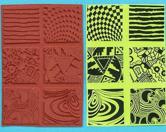 Solder Stamping!  6 Red RUBBER STAMP IMAGES deep etched for clay, paper, pmc, fabric,  by Sandi Obertin   2" sq cool designs  #stripes