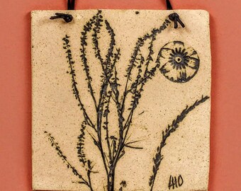 NATURE PLAQUE * kiln fired stoneware clay,  cream and black color & texture, hand built, ooak wall art by Lynn Obertin (Mr. O) #2