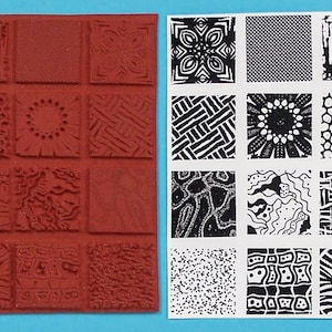 Doce (12) IMÁGENES DE SELLOS DE GOMA rojos arcilla, estampado, pmc por Sandi Obertin 1" cuadrados diseños geniales #burst sm