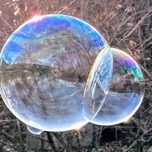 May include: Two iridescent soap bubbles, one larger than the other, are partially overlapping. The bubbles are reflecting the surrounding environment, creating a colorful and abstract pattern.