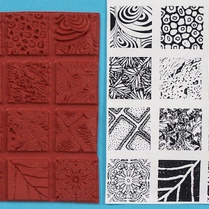Doce (12) IMÁGENES DE SELLOS DE GOMA rojos arcilla, estampado, pmc por Sandi Obertin 1,25 pies cuadrados diseños geniales #swirl