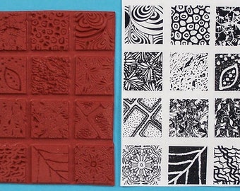 twelve (12) red RUBBER STAMP IMAGES clay, stamping, pmc  by Sandi Obertin   1.25 sq cool designs  #swirl