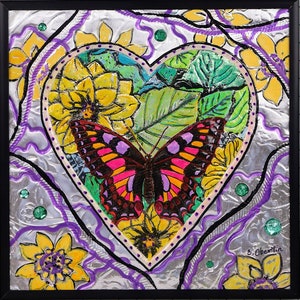 METALWORK BUTTERFLY HEART hand-tooled aluminum, 8&quot;x8&quot; framed, under glass, ready to hang ooak wall art by Sandi Obertin