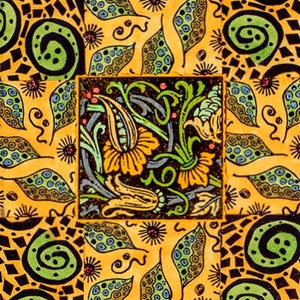 May include: A square, repeating pattern with a floral design. The central square features yellow flowers and green leaves on a black background. The surrounding squares have a yellow background with green and blue leaf and swirl patterns.
