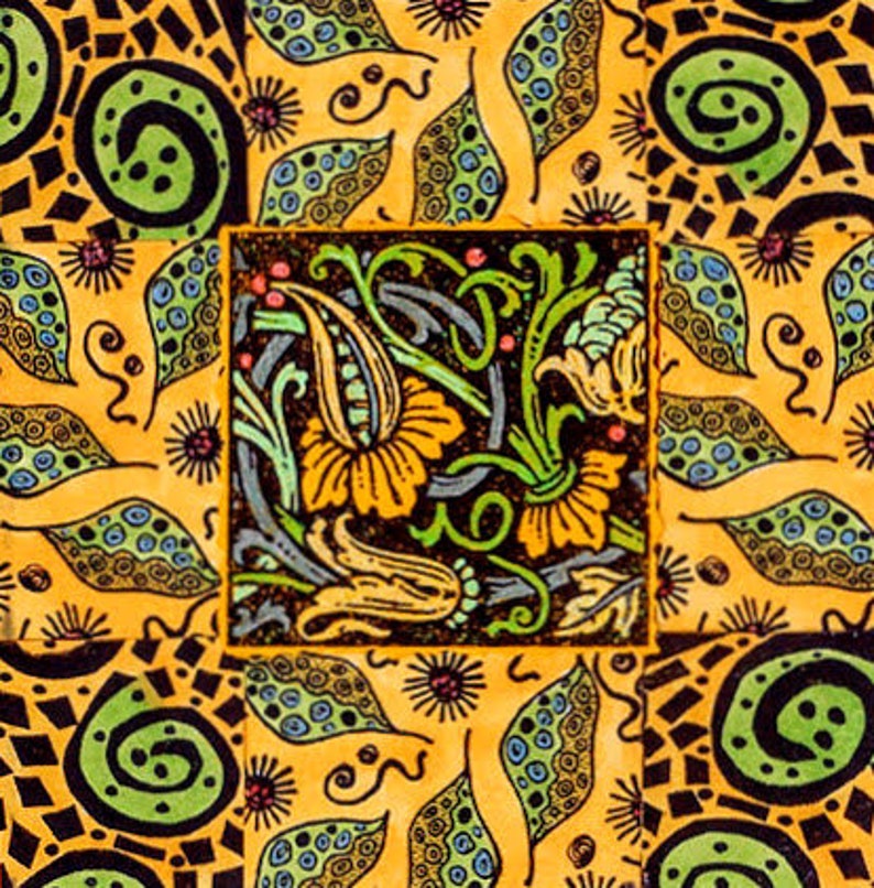 May include: A square, repeating pattern with a floral design. The central square features yellow flowers and green leaves on a black background. The surrounding squares have a yellow background with green and blue leaf and swirl patterns.