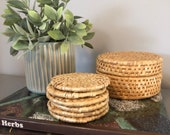 Vintage Rattan Boho Coaster Set in Basket