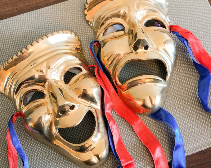 Vintage Solid Brass Theater Masks Wall Hangings, Brass Comedy and Tragedy Masks, Theatre Lover