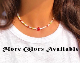 Mushroom Charm Necklace | Y2K Neutral Seed Bead Necklace | Colorful Mixed Beaded Choker | harry styles | Coquette Birthday Gift